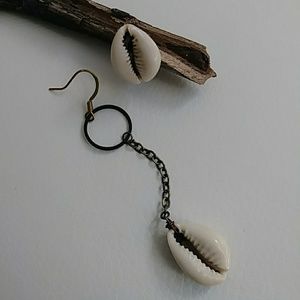 Cowrie Shell Asymetrical Post Dangle Boho Earring